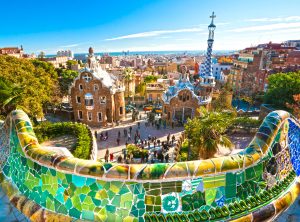 Colourful shapes and architecture of Park Guell in Barcelona, Spain.