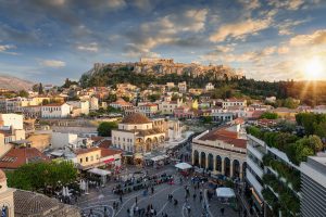 Sunset over the Plaka, the old town of Athens, Greece, with the Parthenon Temple at the Acropolis
