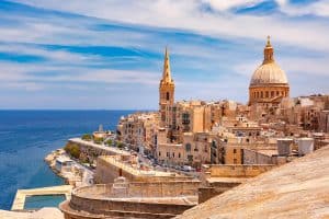 View from above of roofs and church of Our Lady of Mount Carmel and St. Paul's Anglican Pro-Cathedral, Valletta, Capital city of Malta