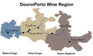 Map showing the three sub-areas of the Douro Valley, Portugal