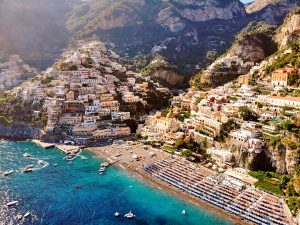 View of Positano with the beach, and the sea from above.