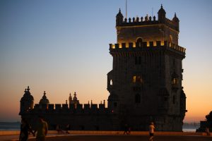 Belém Tower lights up in the sunset