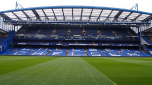 Chelsea football stadium, seating spelling out team name UK
