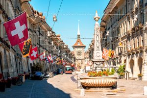 The old town of Bern city. It is a popular shopping street and medieval city centre of Bern, Switzerland