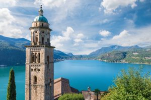 Santa Maria del Sasso church from Morcote, Switzerland