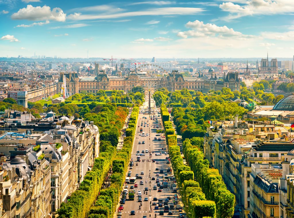View on Avenue des Champs Elysees from the Arc de Triomphe in Paris, France
