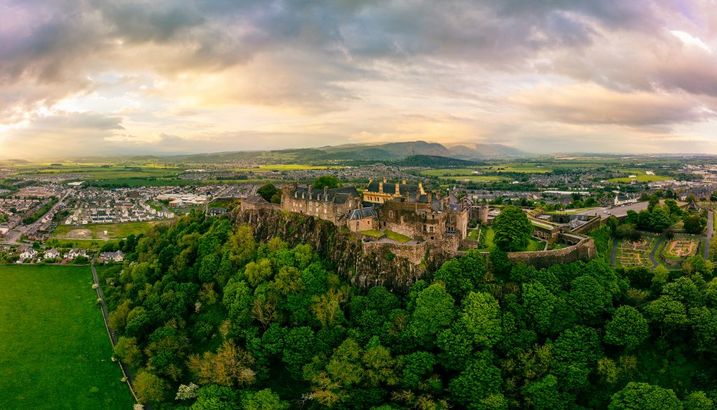 Aerial view of the Stirling Castle during the sunset, Scotland