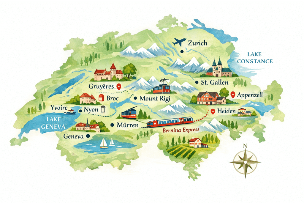 Map of hidden places in Switzerland